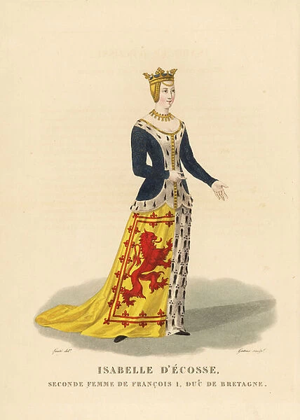 Isabella Stewart, Isabel of Scotland, second wife of Francis I, Duke of Brittany. In armorial robe with coat of arms of Scotland (red lion rampant with double brressure) and Brittany (ermine)