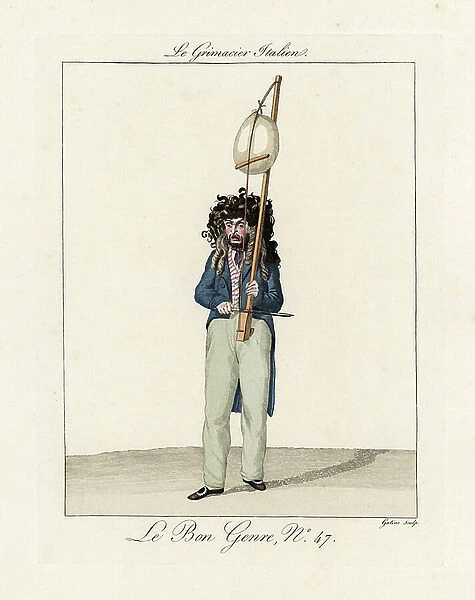 Italian street pantomime artist in grotesque wig, playing a bizarre one-string violin with balloon. ' This young Italian man with black eyes excels at terrible grimaces
