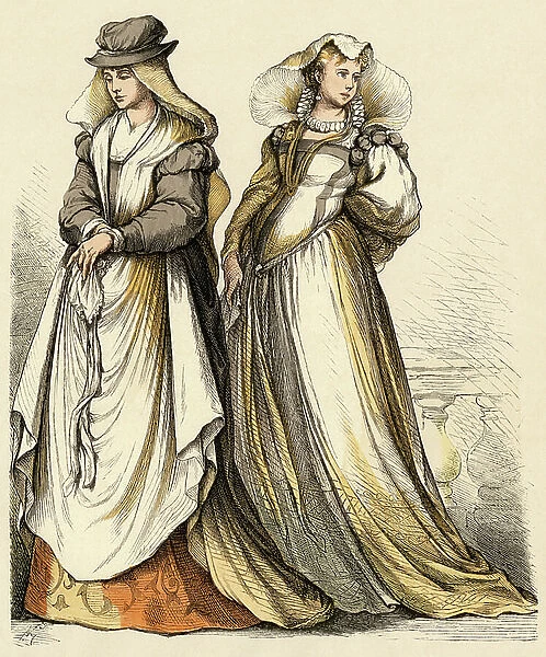 Italian women. (left, Florence and right of Padua), 16th century. Old engraving, colour setting