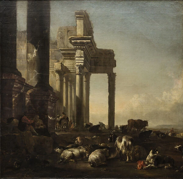 An Italianate Landscape with peasants, cattle and sheep by classical ruins, c