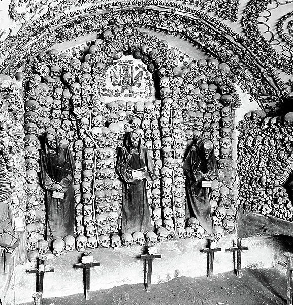 Italy, Lazio, Rome: the catacombs, the chapel made of death's heads, skeleton bones, 1895