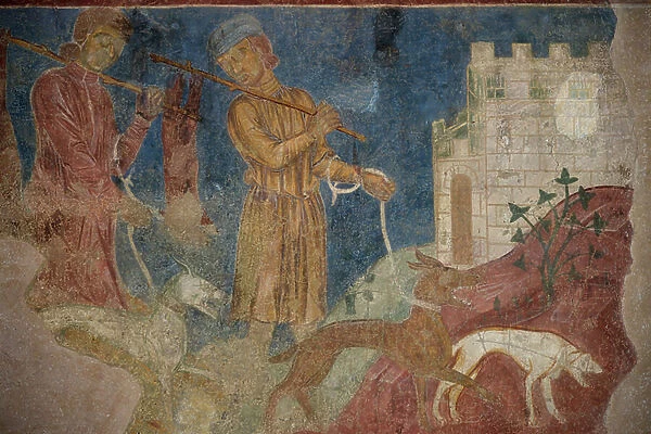 Italy Tuscany San Gimignano, Musee d'Art Sacre: Hunting Scene fresco, 1289, work by Azzo di Masetto (late 13th century)
