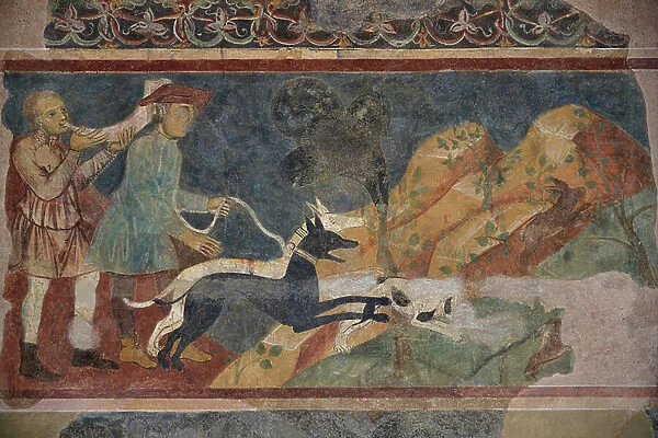 Italy Tuscany San Gimignano, Musee d'Art Sacre: fresco de scene de Chasse, 1286, work by Azzo di Masetto (late 13th century)