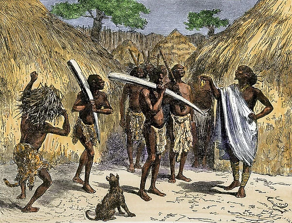 The ivory trade in Africa: merchants trading on elephant defenses in an African village around 1800. Color lithography, 19th century