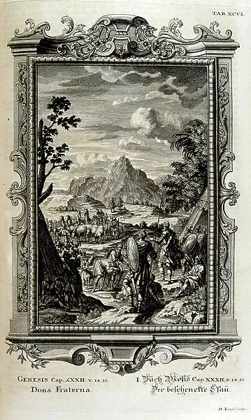 Jacob and Esau exchange presents, 18th century (engraving)