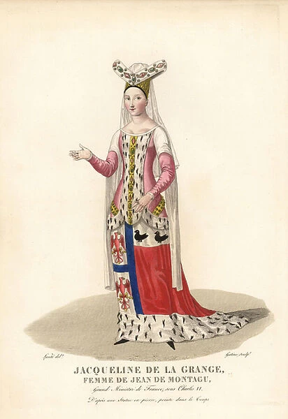 Jacqueline de la Grange, wife of Jean de Montagu, Grand Minister of France under Charles VI. She wears an escoffion hat with veil, and an armorial robe decorated with the coats of arms of her husband Montagu (eagles and azure cross)
