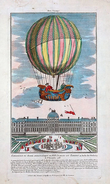 Jacques Alexandre Cesar Charles and Marie-Noel Robert riding in the gondola of a balloon ascending from the Tuileries Garden