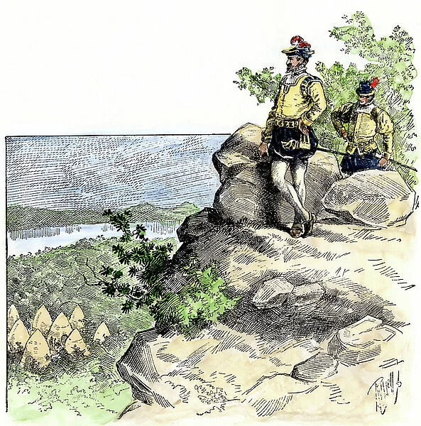 Jacques Cartier (1491-1557), French navigator and explorer, on the summit of Mount Royal (now a hill that dominates the city of Montreal), Quebec, Canada, 1535. Colouring engraving, 19th century