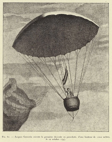 Jacques Garnerin execute la premiere descente en parachute, d une hauteur de 1000 metres, le 22 octobre 1797 (engraving)