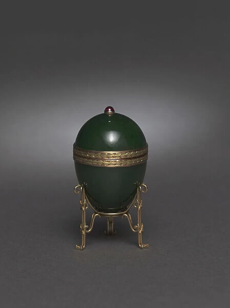Jade Egg with Stand, after 1900 (jade mounted in gold, cabochon rubies, jade & purpurine)