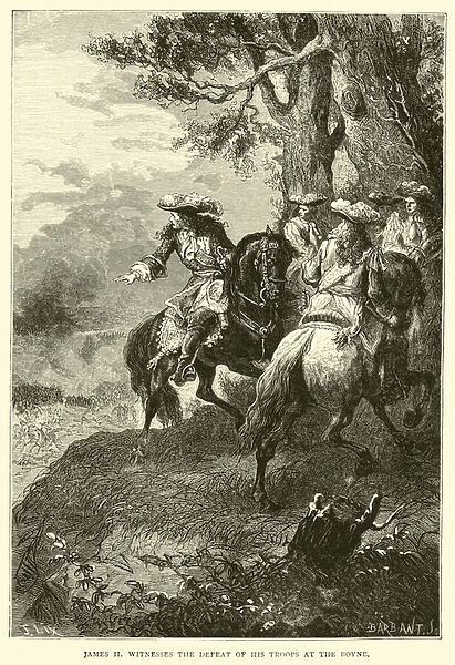 James II witnesses the defeat of his troops at the Boyne (engraving)
