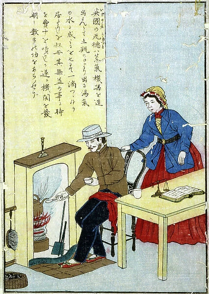 James Watt (1736-1819) Scottish mechanical engineer and inventor depicted at the fireside collecting steam from a kettle. 19th century (Japanese educational print)