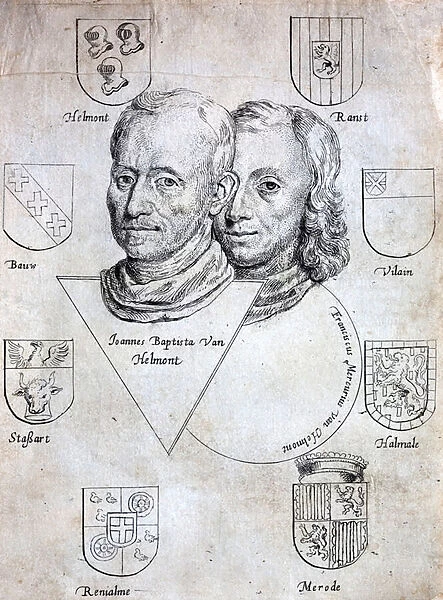 Jan Baptist van Helmont, Flemish chemist, physiologist and doctor, and his son, the alchemist Franciscus Mercurius van Helmont (engraving)
