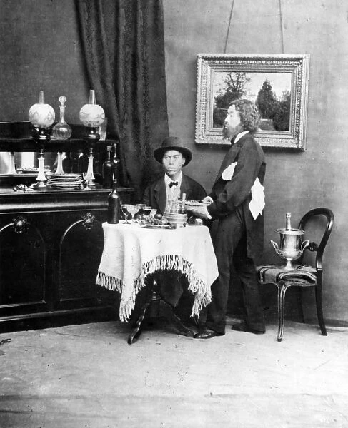 Japanese Diner and Waiter in Western Dress, c. 1879 (b  /  w photo)