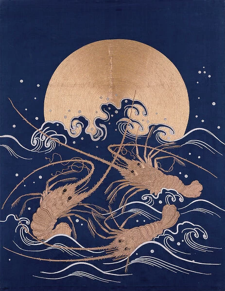 A Japanese embroidered textile panel of dark blue satin depicting three crayfish among