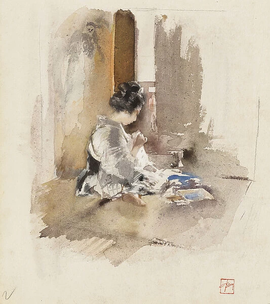 Japanese Girl Sewing, 1890 (w  /  c & pencil on paper)