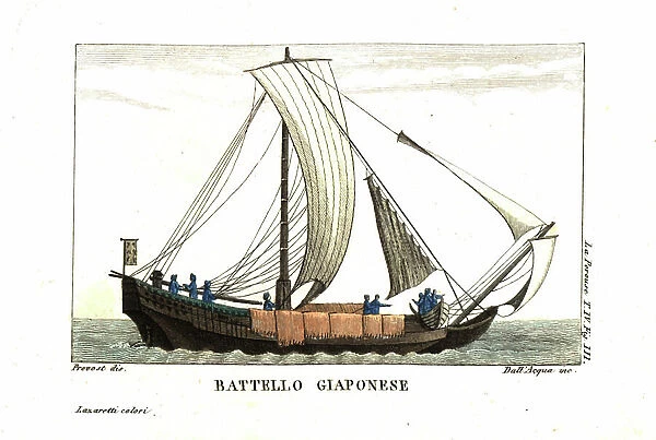 Japanese sailboat. Illustration by Jean Louis Prevost From Jean Francois de Galaup, Earl of La Perouse (1741-1788) Journal. Copperplate engraving by dell'Acqua handcoloured by Lazaretti from Giovanni Battista Sonzogno's Collection of the Most
