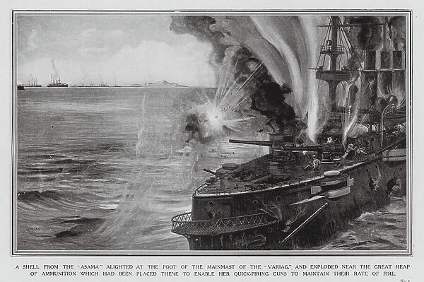 Japanese shell striking the Russian cruiser Varyag at the Battle of Chemulpo Bay, 1904 (litho)