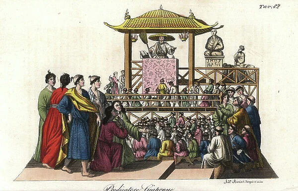 Japanese Shinto fortune teller preaching to a crowd of men with tonsured hair (chonmage). Handcoloured copperplate engraving by Andrea Bernieri from Giulio Ferrario's Costumes Antique and Modern of All Peoples