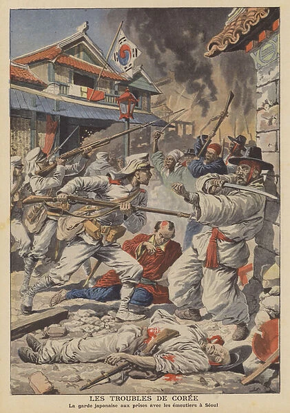 Japanese troops putting down riots in Seoul, Korea (colour litho)