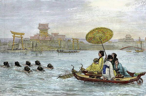 Japanese women on a boat drawn by swimmers. Ladies under the old regime. Colour engraving of the 19th century