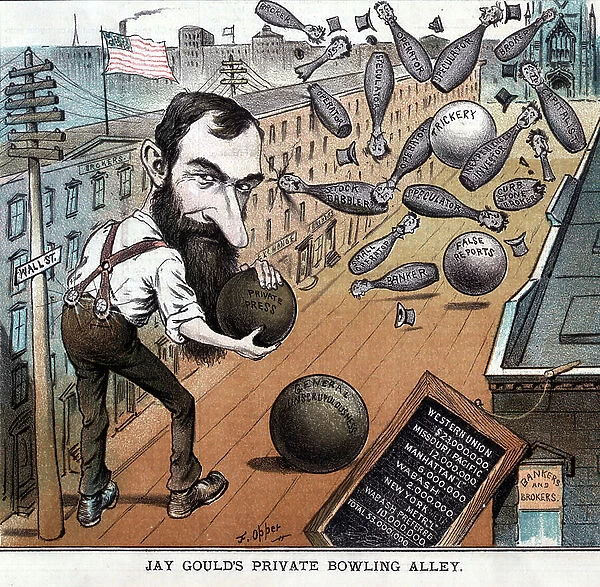 Jay Gould's private bowling alley by Frederick Burr Opper Dated 18820101. Print showing Jay Gould bowling on Wall Street
