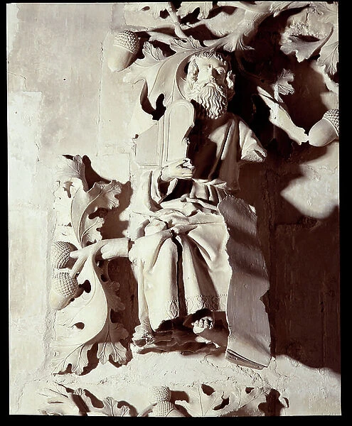 Jesse's Trees. 'Moses', detail of the Tree of Prophetes. Sculpture attributed to Gilbert Bertrand's workshop, 1494-1510. Limestone. Chapel of the former Hotel-Dieu, Issoudun. Musee de l'hospice Saint-Roch, Issoudun. Mandatory mention