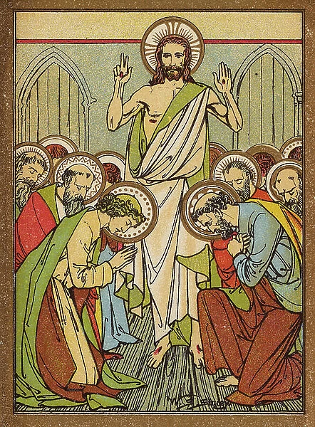Jesus appeareth to the Apostles at Jerusalem (colour litho)
