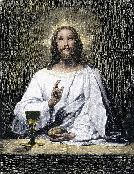 Jesus blessing bread and wine at the meal in Emmaus. Colour engraving after a reproduction of a painting by Karl Muller