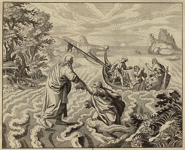 Jesus Christ walking on the Sea of Galilee (engraving)