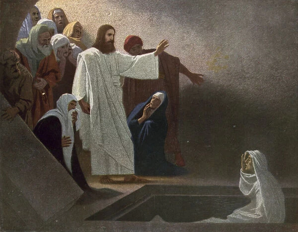 Jesus raising Lazarus from the dead (colour litho)