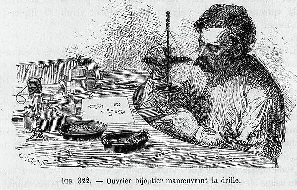 Jewellery worker handling the drille - engraving of 'La France industrielle' by Bonnafoux, 1880