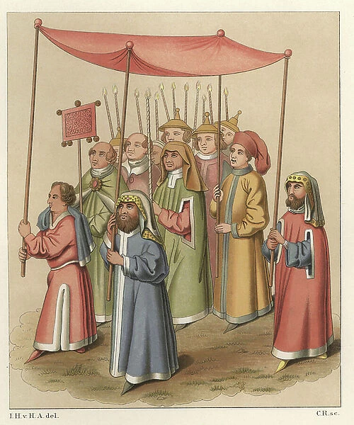 Jewish Religious Procession, 1417-1460 - From a drawing of the manuscript of the chronicles of the Council of Constance (1414-1418) by Ulrich von Richental (1360-1437) - Chromolithography, drawing by Jakob Heinrich von Hefner-Alteneck (1811-1903)