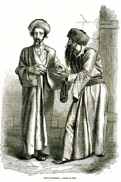 Two Jews under discussion in Jerusalem in 1856. Drawing by Bida published in ' Le Tour du monde, nouveau journal des voyages', edited by Edouard Charton, 1860