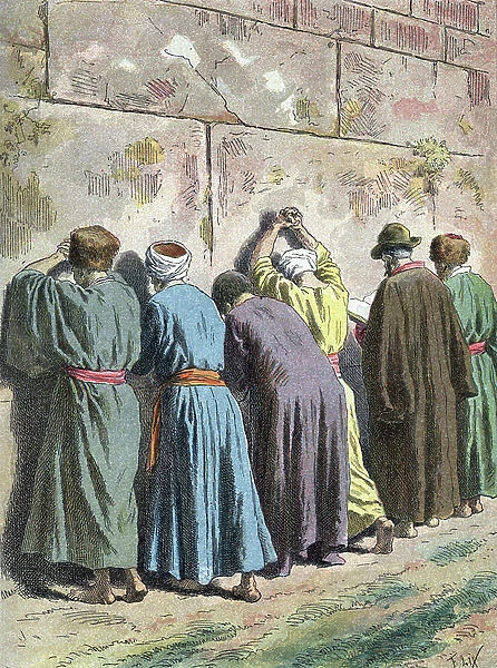 Jews praying at the foot of the Wall of Wailing (Walls of Solomon, Jerusalem (Jews praying at the Western Wall, Jerusalem, Israel, Middle East) Engraving from 'The Peoples of the Earth' by Charles Delon, 1905 Private Collection