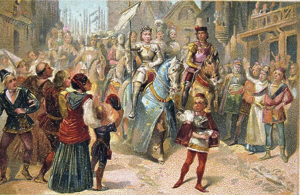 Joan of Arc (Saint Joan c1412-1431) French national heroine during the Hundred Years War between France and England. Joan entering Orleans in triumph, 1429. 19th century (trade card in chromolithograph)