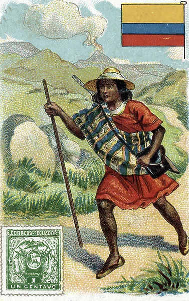 Jobs in the world: the postman, the flag and the stamp of Ecuador. 19th century (chromolithograph)