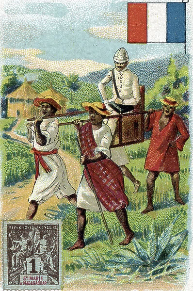 Jobs in the world: the postman on a sedan chair wearing colonial clothes, the french flag and the stamp of Madagascar. 19th century (chromolithograph)