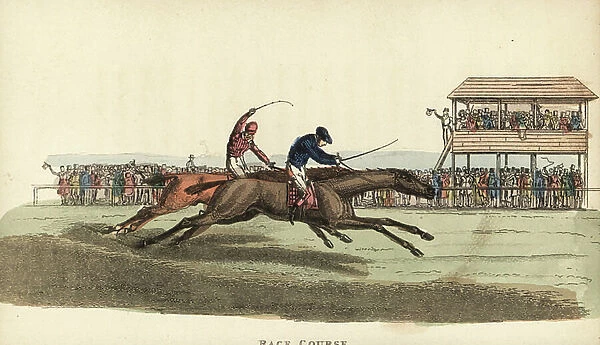 Jockeys in racing silks on thoroughbred horses on a race course before a cheering crowd. Handcoloured copperplate engraving from William Henry Pyne's The World in Miniature: England, Scotland and Ireland, Ackermann, 1827