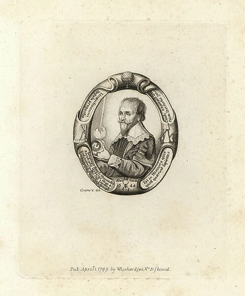 Johannes Banfi Huniades (1576-1646), Hungarian goldsmith and alchemist, resident in England from 1608. Copperplate engraving after a portrait by Jacob Peter Gowy from William Richard's Portraits Illustrating Granger's Biographical History of
