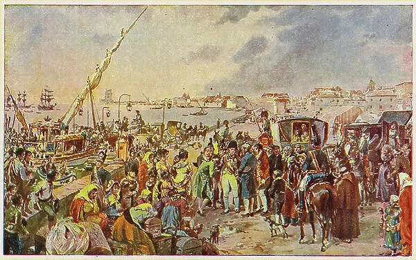 John of Braganza, Prince Regent of Portugal, leaving for Brazil, 1807 (colour litho)