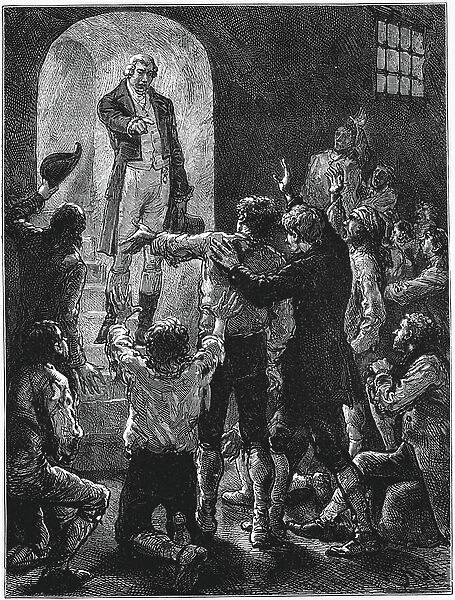 John Howard (1726-1790) English prison reformer, entering Savoy military prison, London, after mutiny. Restored peace and persuaded prisoners to return to cells. Howard League for Prison Reform (1866) named after him. Wood engraving c1880