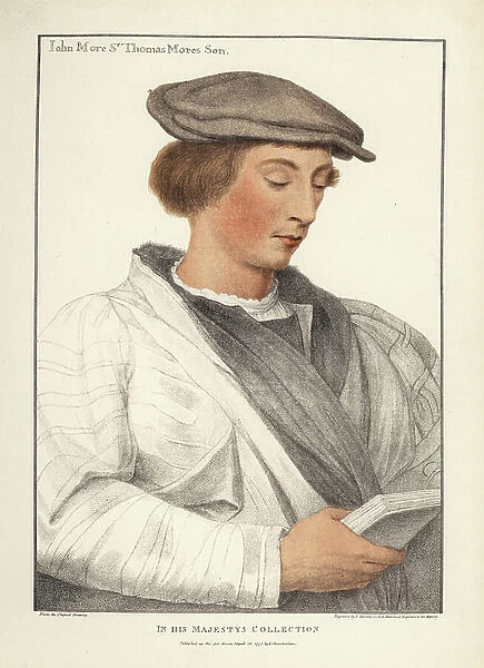 John More, son of Sir Thomas More and his first wife Jane. Handcoloured copperplate engraving by Francis Bartolozzi after Hans Holbein from Facsimiles of Original Drawings by Hans Holbein, Hamilton, Adams, London, 1884