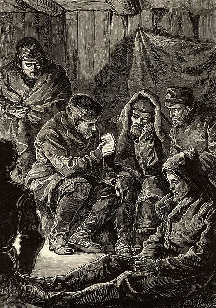 John Richardson reading from his prayer book, 1880 (engraving)