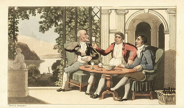 Johnny and friends drinking and singing on a terrace overlooking the River Thames. Handcoloured copperplate engraving by Thomas Rowlandson from William Combes The History of Johnny Quae Genus, the Little Foundling of the late Doctor Syntax