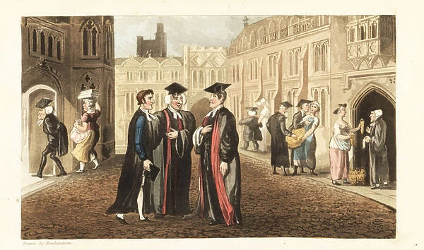 Johnny in robes talking with Dons at Oxford University, while other scholars and students buy corn from grocers and molest maids. Handcoloured copperplate engraving by Thomas Rowlandson from William Combes The History of Johnny Quae Genus