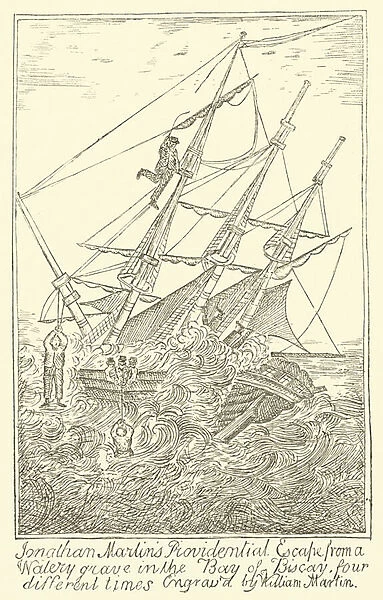Jonathan Marlins Providential Escape from a Watery grave in the Bay of Biscay four different times (engraving)