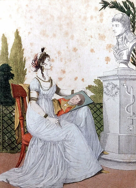 Josephine de Beauharnais drawing her husband Napoleon Bonaparte after a bust, engraving