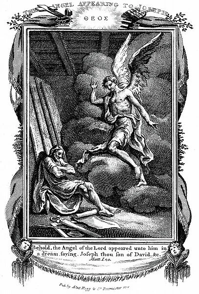 Joseph's dream. Behold, the Angel of the Lord appeared unto him in a dream Bible Matthew I. Copperplate engraving 1804