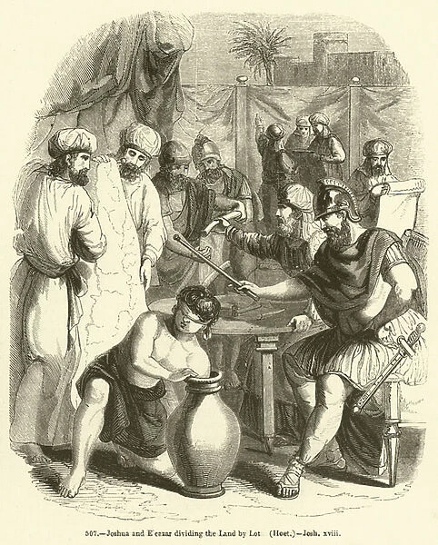 Joshua and Eleazar dividing the Land by Lot, Hoet, Joshua xviii (engraving)